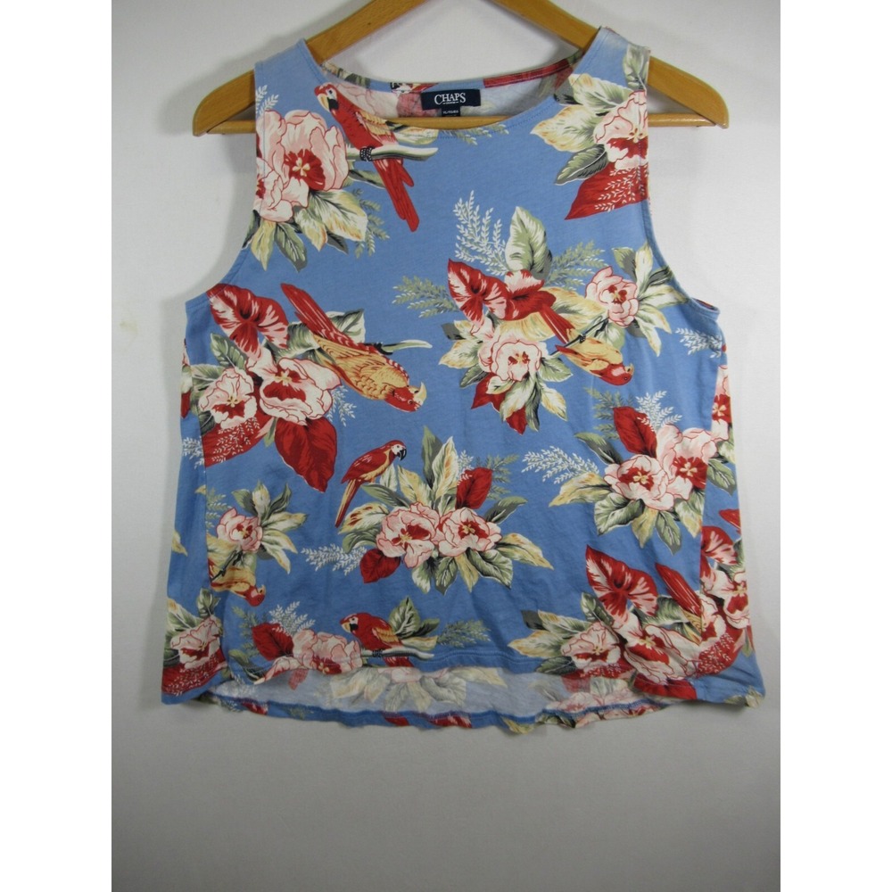 Chaps Tropical Parrot Print Tank Top Women XL Blue Sleeveless Cotton